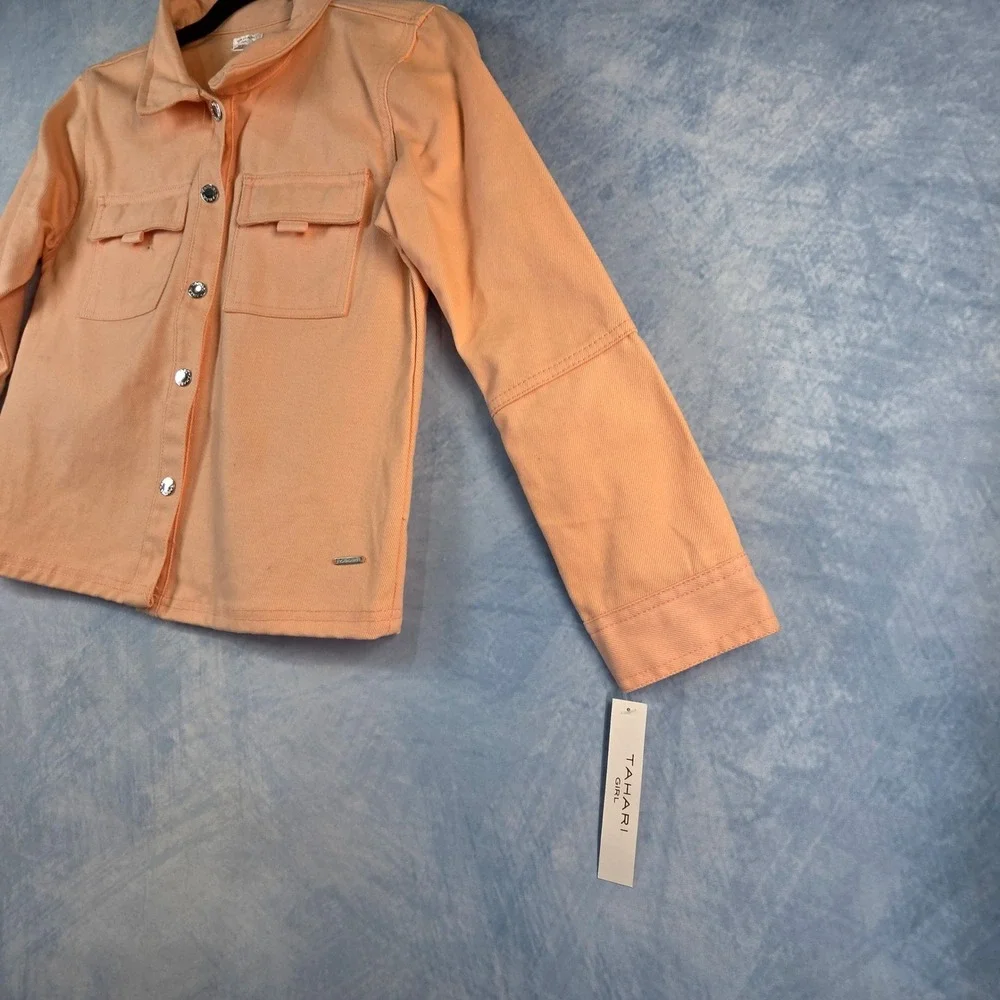 Tahari Girl Peach Orange Denim‎ Jacket Button Front Twill Coat Kids Size 12 NEW